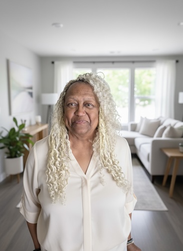 Iris J Hill-Baker. Founder of Wealth Health Beauty Shop. Iris J Hill-Baker. Founder of Wealth Health Beauty Shop standing in a living room with a light colored blouse.