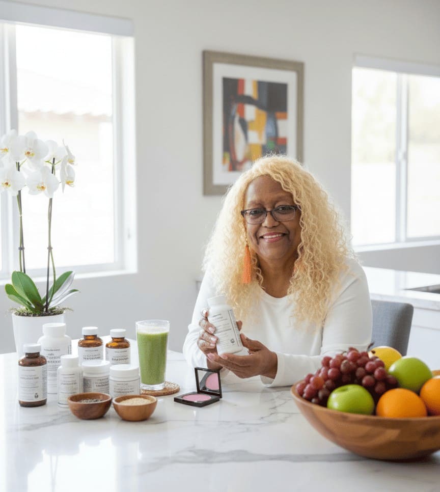 Wealth Health Beauty Shop by Iris J Hill-Baker – wellness, beauty, shopping, and lifestyle resources Wealth Health Beauty Shop founder Iris J Hill-Baker sitting at a table surrounded by wellness, beauty, shopping, and lifestyle resources