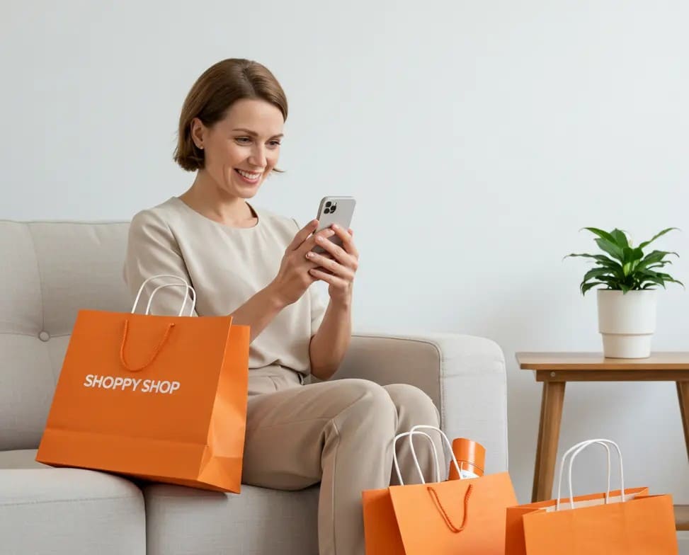 Shop ShoppyShop through Iris J Hill-Baker at Wealth Health Beauty Shop Women sitting on a couch using her phone to shop ShoppyShop through Iris J Hill-Baker at Wealth Health Beauty Shop